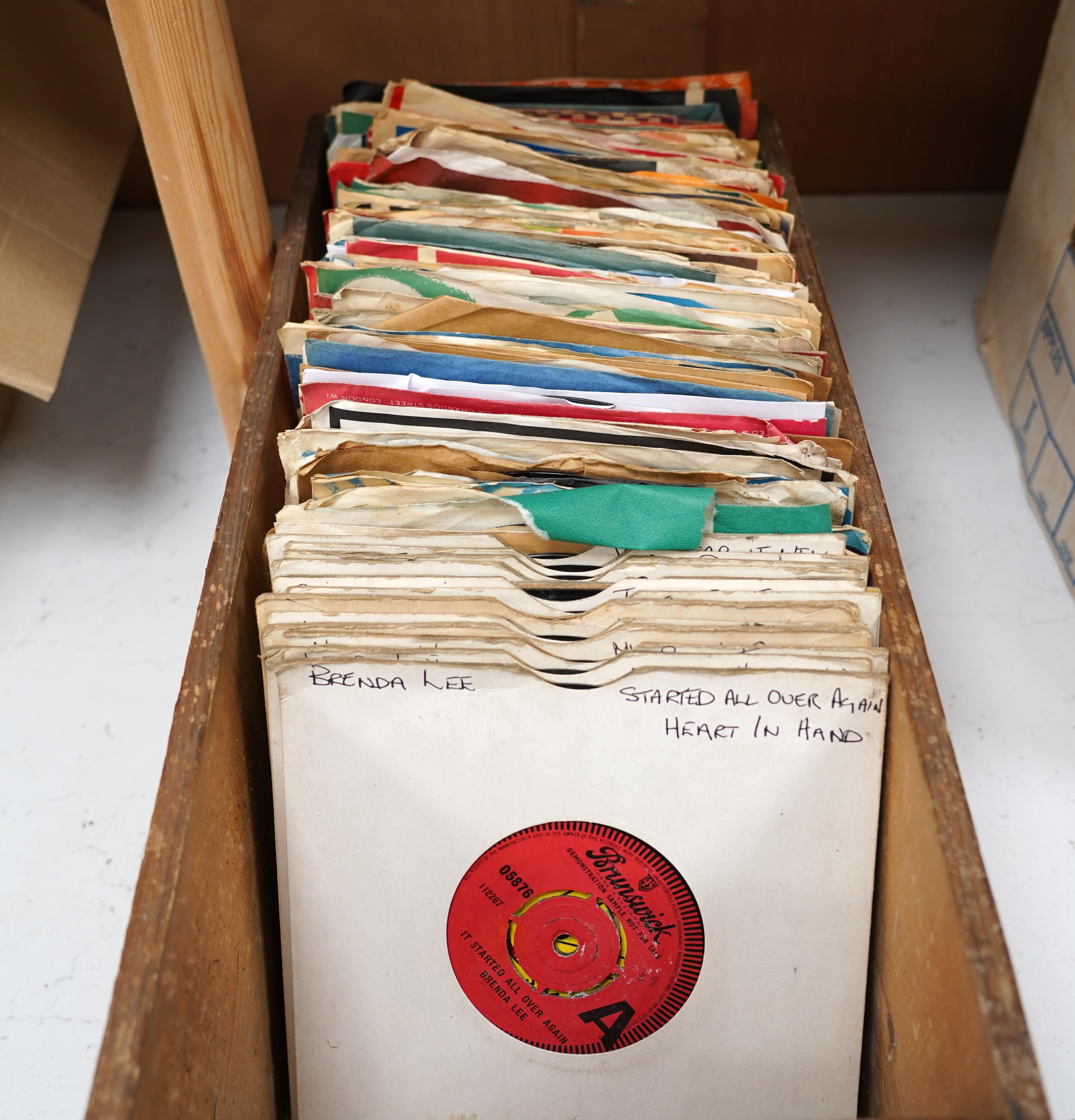 One hundred and twenty-two 7” singles, all with printed demo labels (some also with printed release date), record labels include; Brunswick, PYE, EMI, CBS, Mercury, Columbia, Capitol, Parlophone, Reprise, etc. Artists in
